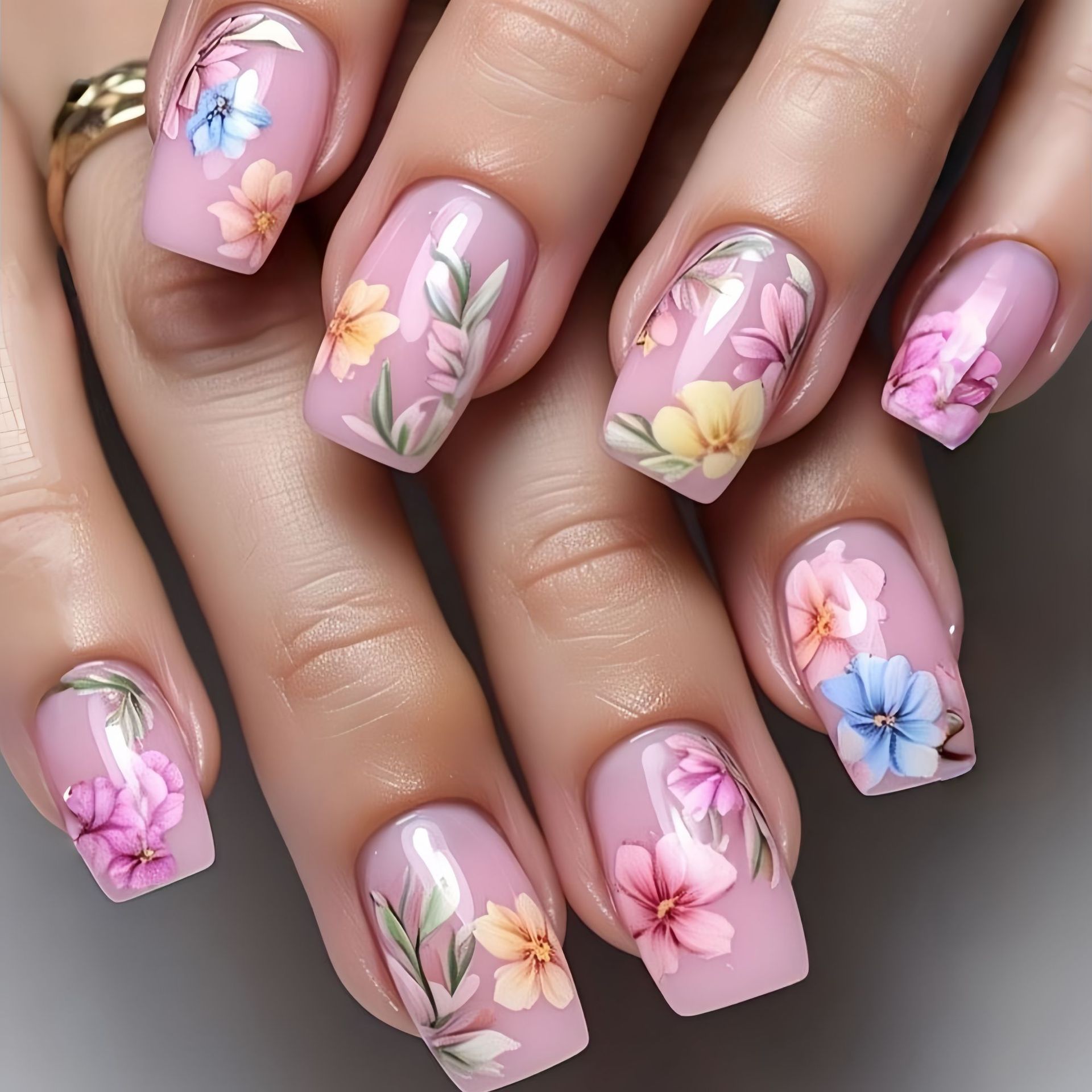 Pressed Flower Art - Unhas Postiças Médias para Mulheres e